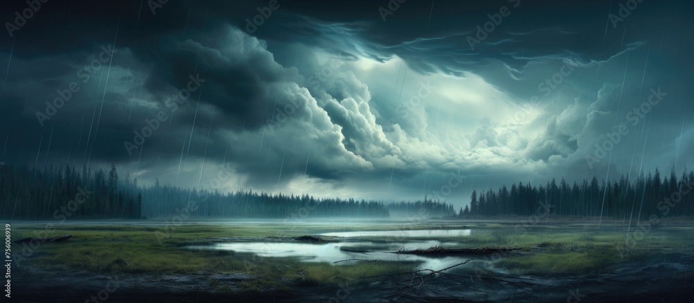 Canvas Prints a river runs through a field under a cloudy sky, creating a serene natural landscape with water refl