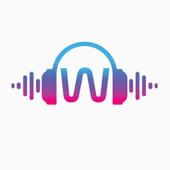 W letter Headphones with sound wave with Pulse music player element. Logo template electronic music, equalizer, store, dj, nightclub, disco. Audio wave logo concept, Abstract Shape vector