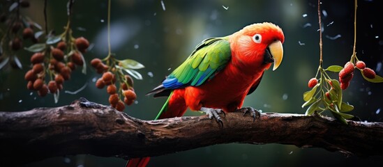 A vibrant parrot with colorful feathers is perched on a tree branch, its beak shining under the sunlight. It looks ready to take off and travel with its fellow birds