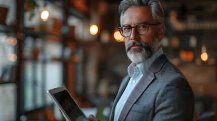 Man Using Tablet in Modern Cafe and Restaurant, To convey the idea of modern business professionals staying connected and productive even while - obrazy, fototapety, plakaty