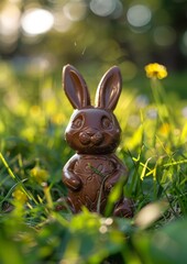 chocolate easter bunny with eggs decoration, garden background. luxury chocolate, easter holiday. delicious milk, dark chocolate bunny.