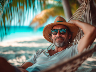 A mature Latin man with a beard in a straw hat and sunglasses in a hammock on the ocean shore relaxes under a palm tree