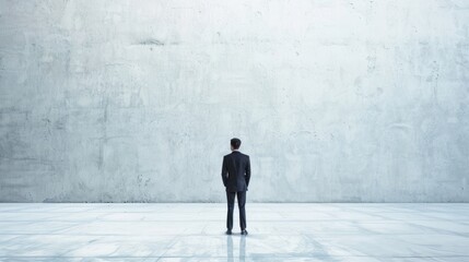 Businessman in modern suit standing alone in empty grey building. AI generated image
