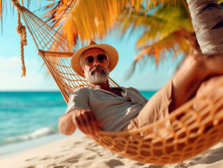 A mature Latin man with a beard in a straw hat and sunglasses  relaxing on hammock on the ocean shore under a palm tree