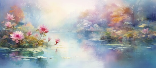 Fototapeta na wymiar A serene natural landscape painting featuring colorful flowers floating on a pond under a clear sky with fluffy clouds, surrounded by lush green grass