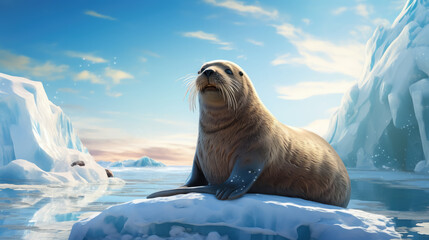 fur seal on an ice floe, sunny day, marine mammal, antarctica, arctic, north, animal, brown, cute, eyes, baby, sea lion, snow, wildlife, landscape, iceberg - obrazy, fototapety, plakaty