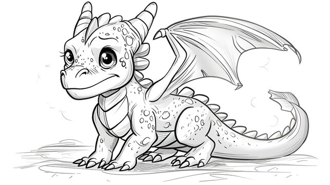 Dragon illustration coloring page for kids. cute Dragon animal cartoon vector illustration graphic design in black and white.