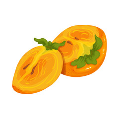 Juicy, ripe persimmons and pieces of fruit. Vector graphics.