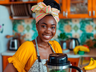 Young African american smiling girl with headscarf accessory making smoothie in kitchen