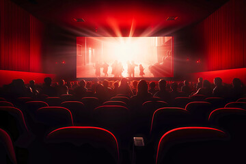 Fototapeta na wymiar Cinema blank wide screen and people in red chairs