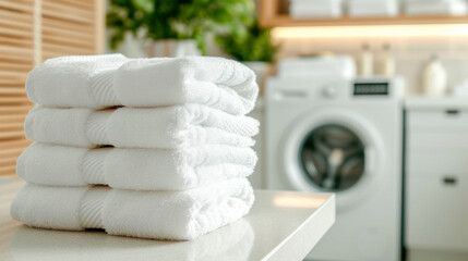 A stack of folded clean white towels on the table against the background of washing machines, laundry room with copy space