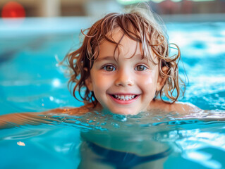 Smiling happy child in swimming pool, close-up, looking at camera