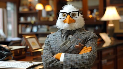 A stuffed bird wearing a suit and tie with glasses, AI - obrazy, fototapety, plakaty