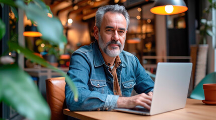 Latin mature man with a beard works on a laptop while sitting at a table, looking at the camera, freelancing work in a public place