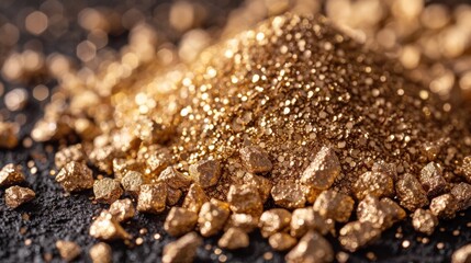 A pile of gold nuggets on a black surface, AI