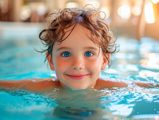 Blue-eyed happy child in the pool, close-up, looking at the camera