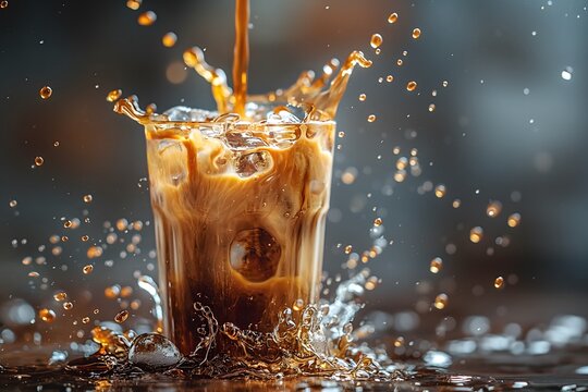 Eiskaffee in ein gro&szlig;es Glas gegossen, Eisw&uuml;rfel und Kaffee, Konzept Eiskaffee in einem Cafe