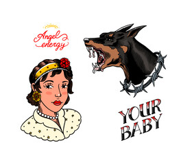 Old school Tattoo set. Woman and doberman dog in rock style. Engraved hand drawn vintage retro sketch for notebook or logo or t-shirts. - 756008513