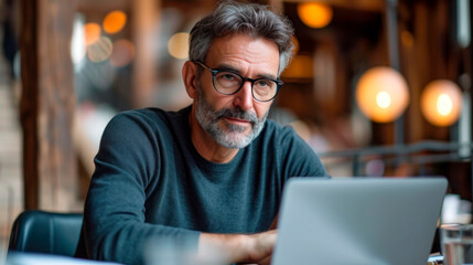 Latin mature man with a beard works on a laptop while sitting on a table