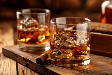 a glass of strong whiskey with ice and cigars stand on a wooden bar counter against the background of the bar