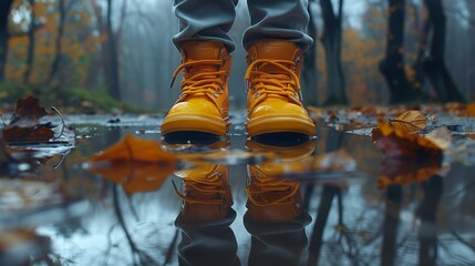 A person in yellow boots standing on a puddle of water, AI