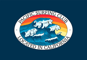  Atlantic tidal waves and red sun. Vintage old engraved hand drawn labels. Pacific Surfing Club Located In California. Japanese style for banner, background or poster. Isolated vector illustration.