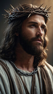 Portrait of Jesus Christ with crown of thorns on his head. Photorealistic portrait. Close-up.
