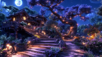 A beautiful scene of a fairy tale house with stairs and lights, AI