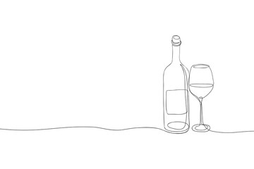 Bottle of wine with wineglass continuous one line drawing. Alcohol beverage sketch for restaurant menu, bar wine list. Vector contour illustration