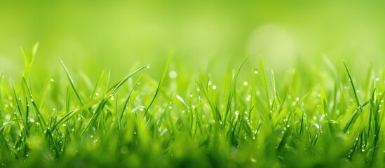 A closeup of a lush field of green grass with sparkling water drops, showcasing the beauty of terrestrial plant life