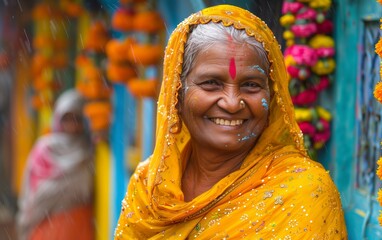 donna anziana indiana sorridente con velo giallo arancio
