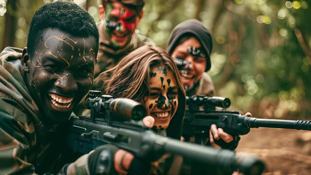 A group of Gen-z coworkers smiling and laughing with painted faces while playing a team building exercise of paintball