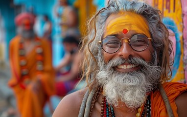 sorridente uomo anziano indiano con occhiali e barba bianca