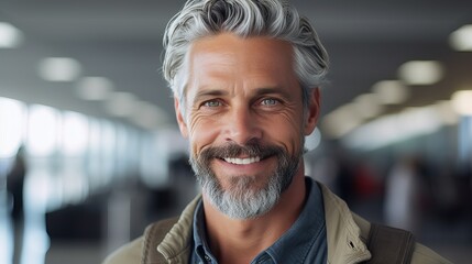 Gray-Haired Man Smiling in Airport Hall, Travel Concept - obrazy, fototapety, plakaty