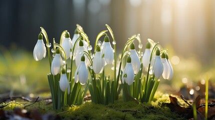 Close-Up of White Snowdrop Flowers in Morning Sunlight