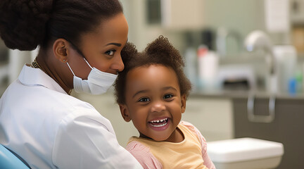 Fototapeta premium Cheerful Girl at Children's Dental Clinic with Female Doctor