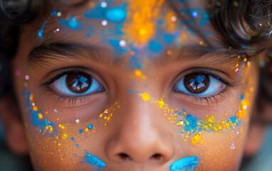 sguardo di bambino indiano sporco di polveri colorate