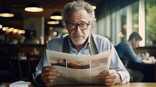 Gray-Haired Man Reading Newspaper At Cafe Table, Vintage Furnishings