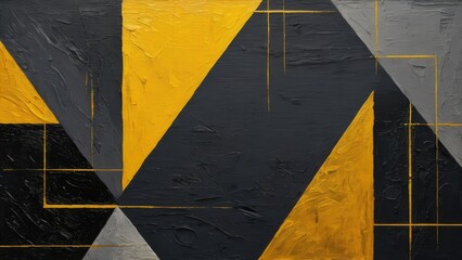 Naklejka premium Oil on canvas background featuring geometric shapes, interplay of dark grey and yellow, golden brushstrokes embuing a retro, nostalgic feel, suitable for modern art wallpaper, poster, card, mural, rug
