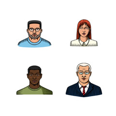 Human Avatars Collection. Faces of people. Characters set. Happy emotions. Portrait for social media, website. Men and women, grandparents and girls. Hand drawn doodle sketch.
