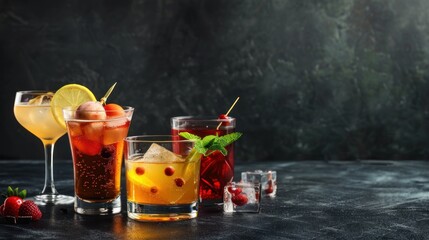 Cocktails assortment drink on dark concrete wall background. AI generated image - obrazy, fototapety, plakaty