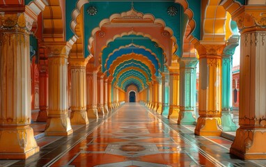 corridoio di tempio indiano dai colori pastello turchese e arancio - obrazy, fototapety, plakaty