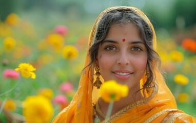 ragazzsa indiana sorridente in un campo di fiori