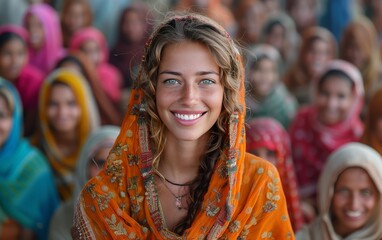 ragazza caucasica vestita con i tipici colori rituali indiani
