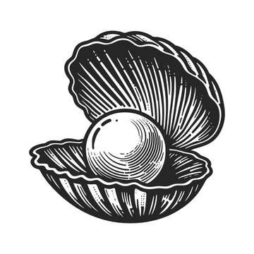  pearl nestled in an open oyster shell, representing luxury and natural beauty, line art sketch engraving generative ai vector illustration. Scratch board imitation. Black and white image.
