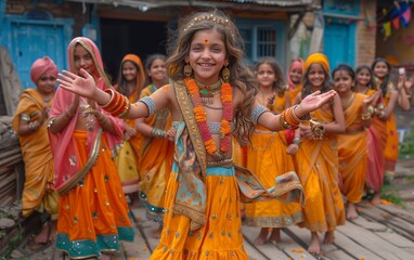 gruppo di bambini sorridenti vestiti e truccati per cerimonia rituale indiana - obrazy, fototapety, plakaty