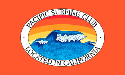  Atlantic tidal waves and red sun. Vintage old engraved hand drawn labels. Pacific Surfing Club Located In California. Japanese style for banner, background or poster. Isolated vector illustration.