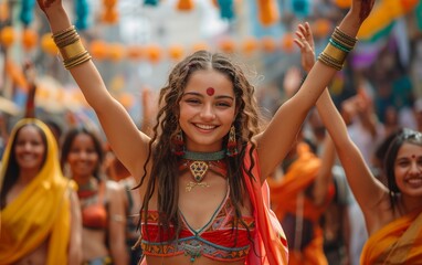 ragazza indiana sorridente che festeggia durante una cerimonia rituale