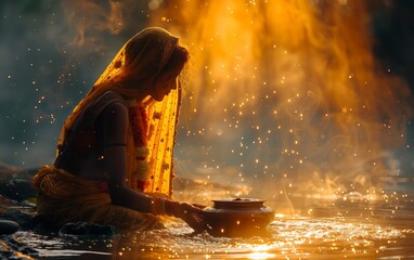 donna indiana con velo al fiume sommersa da una luce dal cielo