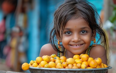 bambina indiana sorridente davanti ad un piatto di frutti gialli